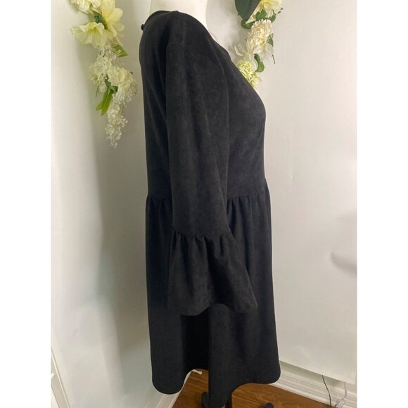 Vintage Axyeh Velvet Velour Black Tulip Bell Sleeve A-Line Mini Tunic Dress Sz S - Picture 14 of 16